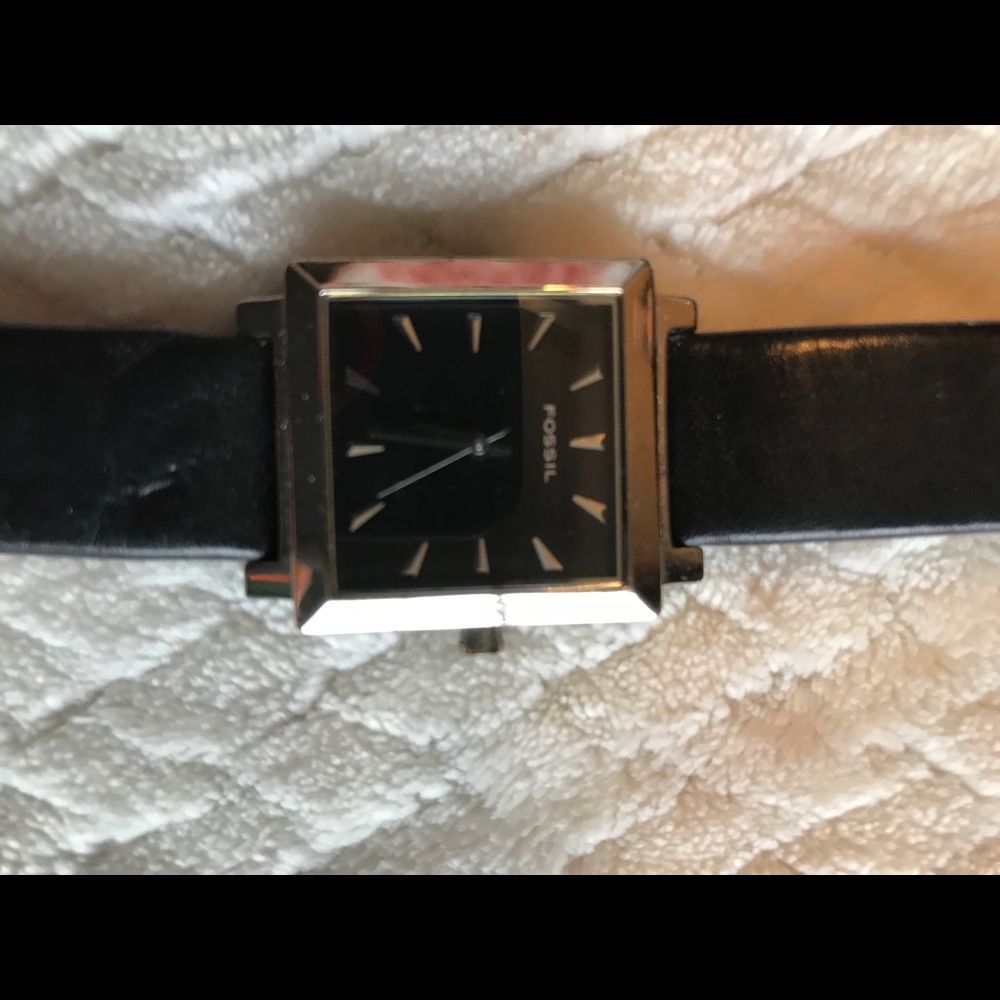 Fossil watch square silver w/ black leather band